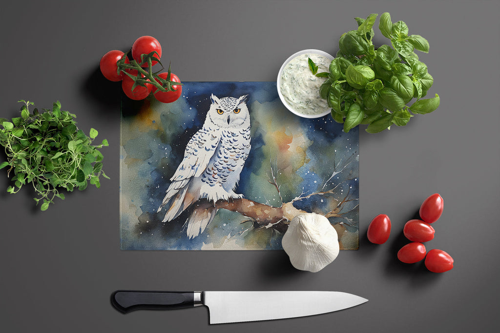 Snowy Owl Night Sky Watercolor Cutting Board Tempered Glass Kitchen Cutting Surface, Heat Resistant Chopping, Non-Slip Feet, Food Prep & Serving