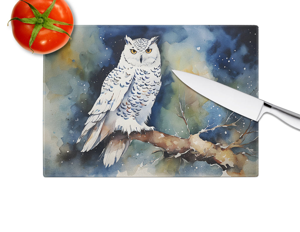 Snowy Owl Night Sky Watercolor Cutting Board Tempered Glass Kitchen Cutting Surface, Heat Resistant Chopping, Non-Slip Feet, Food Prep & Serving