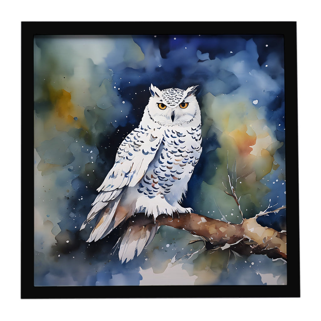 Snowy Owl Night Sky Watercolor Framed Metal Print Bathroom, Kitchen, Office, Home Decor Wall Art Ready to Hang, Square, 8X8