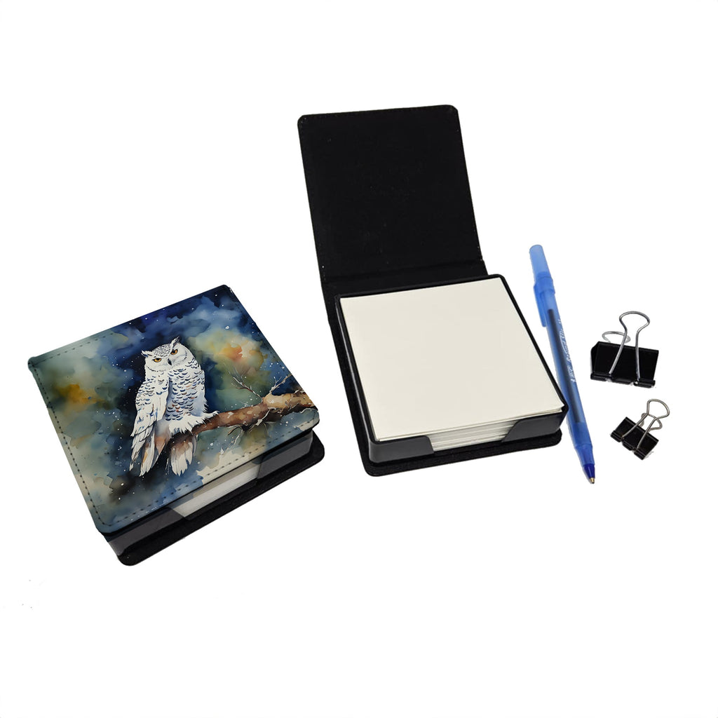 Snowy Owl Night Sky Watercolor PU Leather Note Paper Holder with Artist-Designed Cover, Desk Accessory, Office Gift