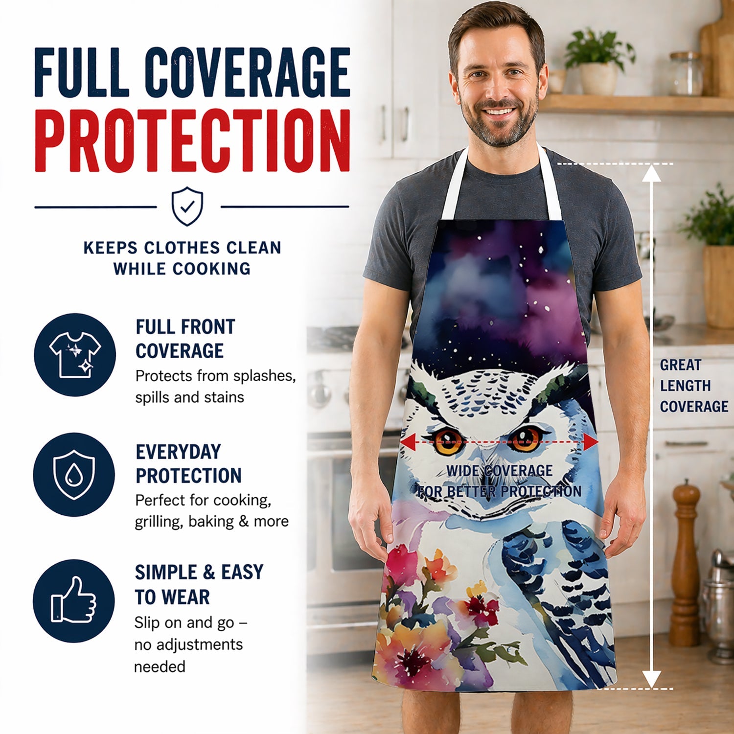 Snowy Owl with Flowers Colorful Watercolor Apron Cooking Kitchen Server Baking Crafts Gardening for Adult Women Men, Unisex, Large, Multicolor
