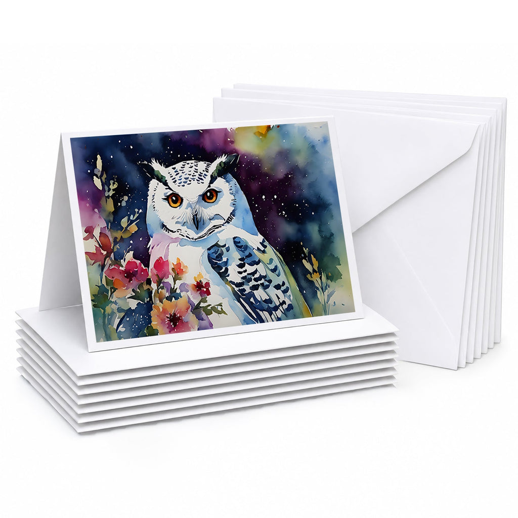 Snowy Owl with Flowers Colorful Watercolor Greeting Cards Pack of 8 Blank Cards with Envelopes Whimsical A7 Size 5x7