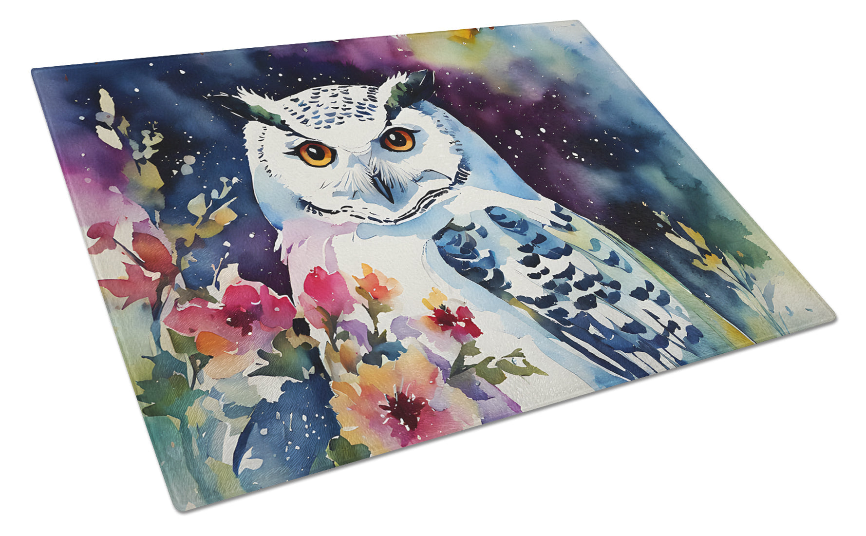 Snowy Owl with Flowers Colorful Watercolor Cutting Board Tempered Glass Kitchen Cutting Surface, Heat Resistant Chopping, Non-Slip Feet, Food Prep & Serving