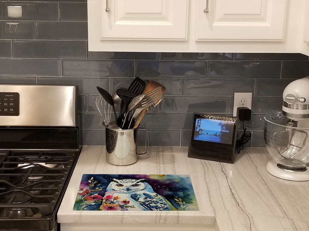 Snowy Owl with Flowers Colorful Watercolor Cutting Board Tempered Glass Kitchen Cutting Surface, Heat Resistant Chopping, Non-Slip Feet, Food Prep & Serving