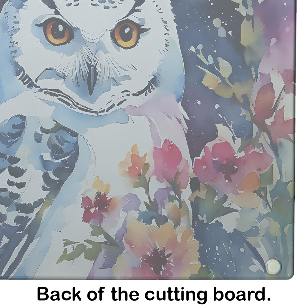 Snowy Owl with Flowers Colorful Watercolor Cutting Board Tempered Glass Kitchen Cutting Surface, Heat Resistant Chopping, Non-Slip Feet, Food Prep & Serving