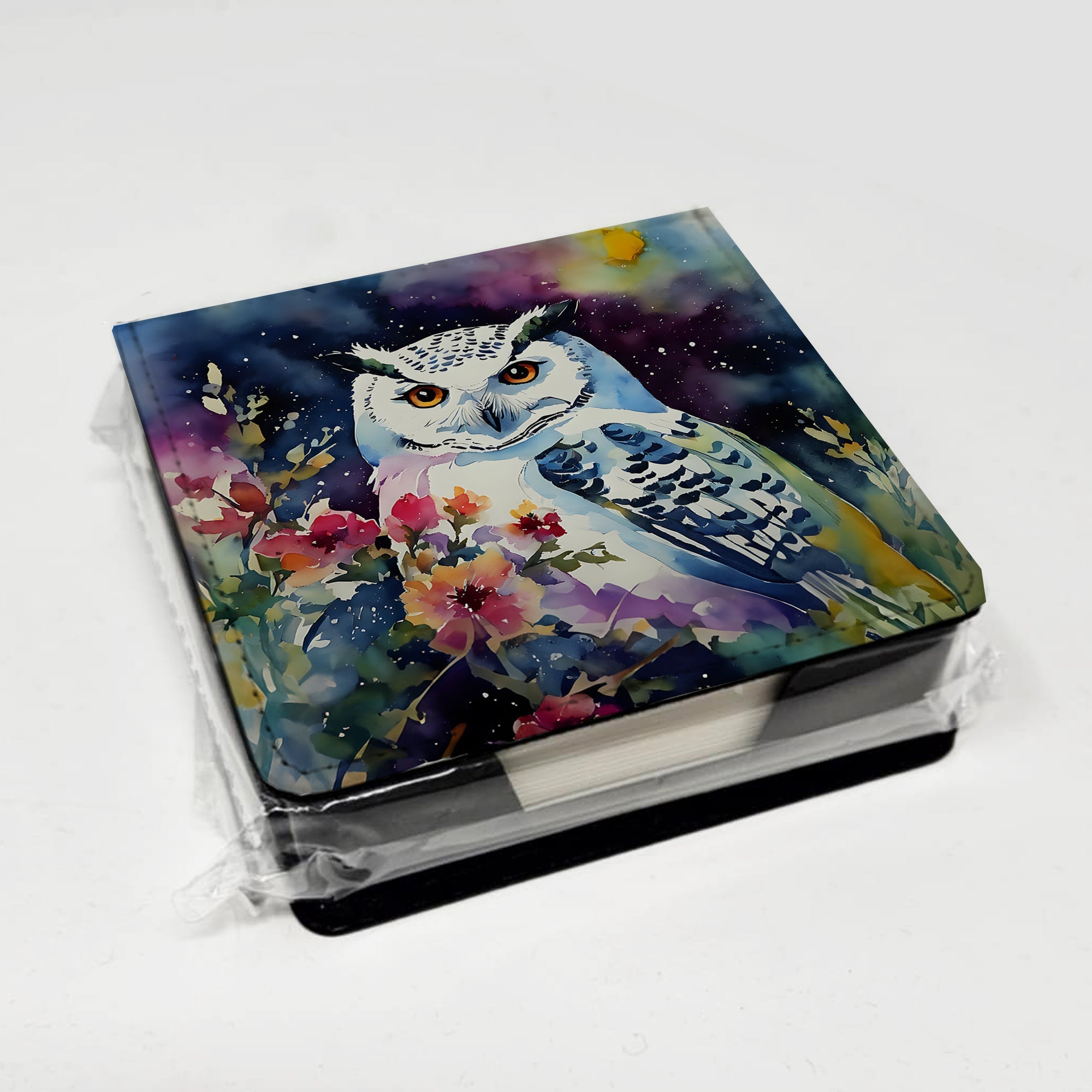 Snowy Owl with Flowers Colorful Watercolor PU Leather Note Paper Holder with Artist-Designed Cover, Desk Accessory, Office Gift