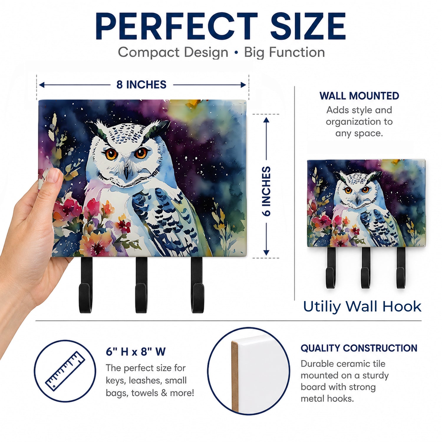 Snowy Owl with Flowers Colorful Watercolor Leash or Key Holder Wall Hooks, Coat Rack Wall Mount, for Hanging Keys, Towels, Aprons, Leashes