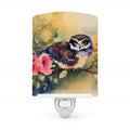 Spectacled Owl on Branch with Flowers Ceramic Night Light Compact, UL-Certified, Ideal for Bedroom, Bathroom, Nursery, Hallway, Kitchen, 6x4x3, Multicolor