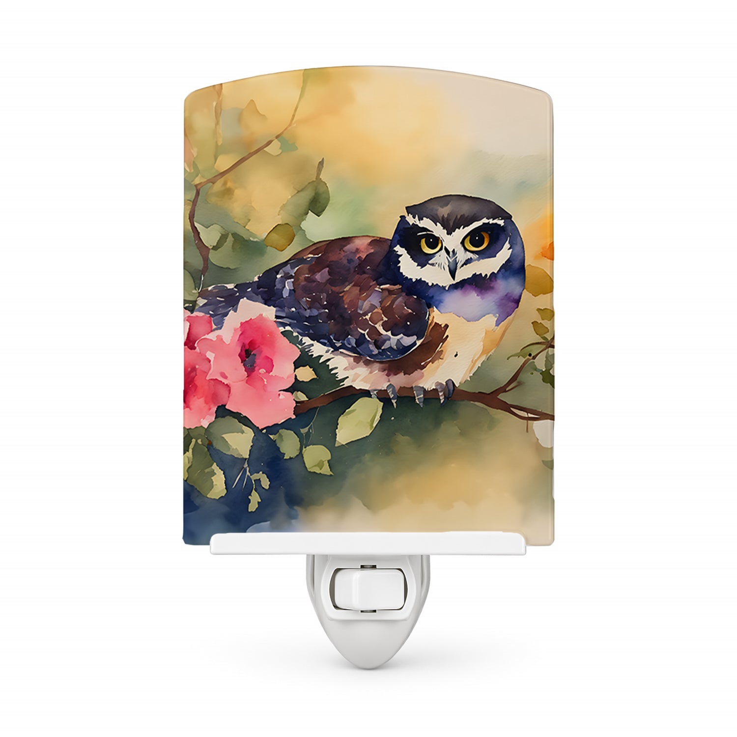 Spectacled Owl on Branch with Flowers Ceramic Night Light Compact, UL-Certified, Ideal for Bedroom, Bathroom, Nursery, Hallway, Kitchen, 6x4x3, Multicolor