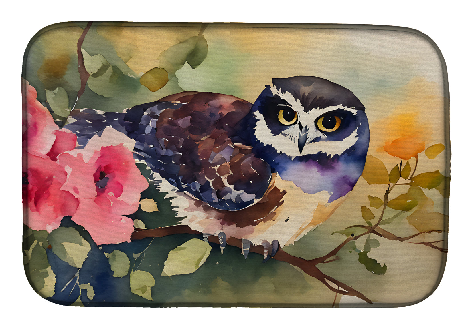 Spectacled Owl on Branch with Flowers Dish Drying Mat Absorbent Dish Drying Mat Pad for Kitchen Counter Dish Drainer Mat for Countertop, 14 x 21", Multicolor