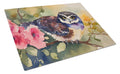 Spectacled Owl on Branch with Flowers Cutting Board Tempered Glass Kitchen Cutting Surface, Heat Resistant Chopping, Non-Slip Feet, Food Prep & Serving