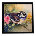 Spectacled Owl on Branch with Flowers Framed Metal Print Bathroom, Kitchen, Office, Home Decor Wall Art Ready to Hang, Square, 8X8