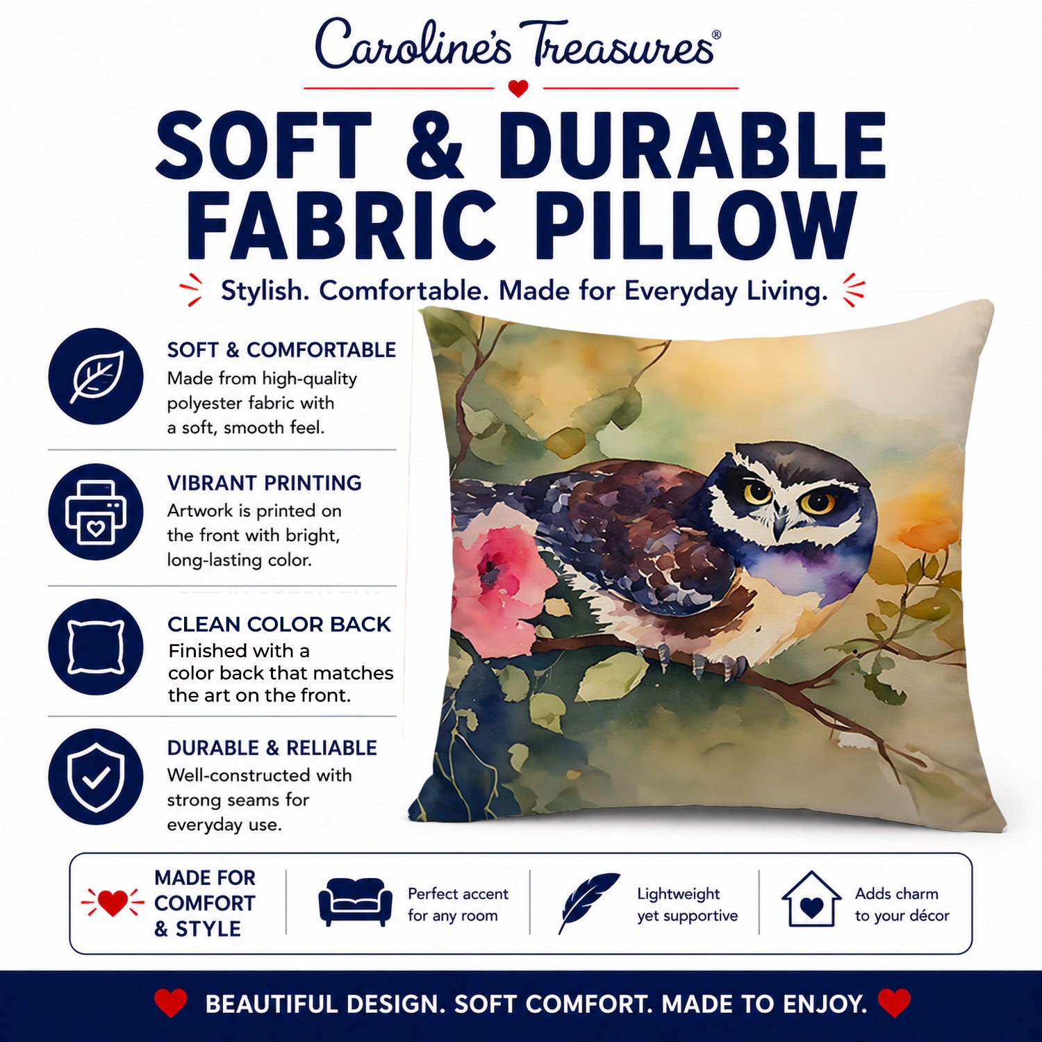 Spectacled Owl on Branch with Flowers Decorative Throw Pillow 18x18 Indoor Outdoor Accent Cushion, Fabric Cover with Insert for Sofa, Bed, Porch & Living Room