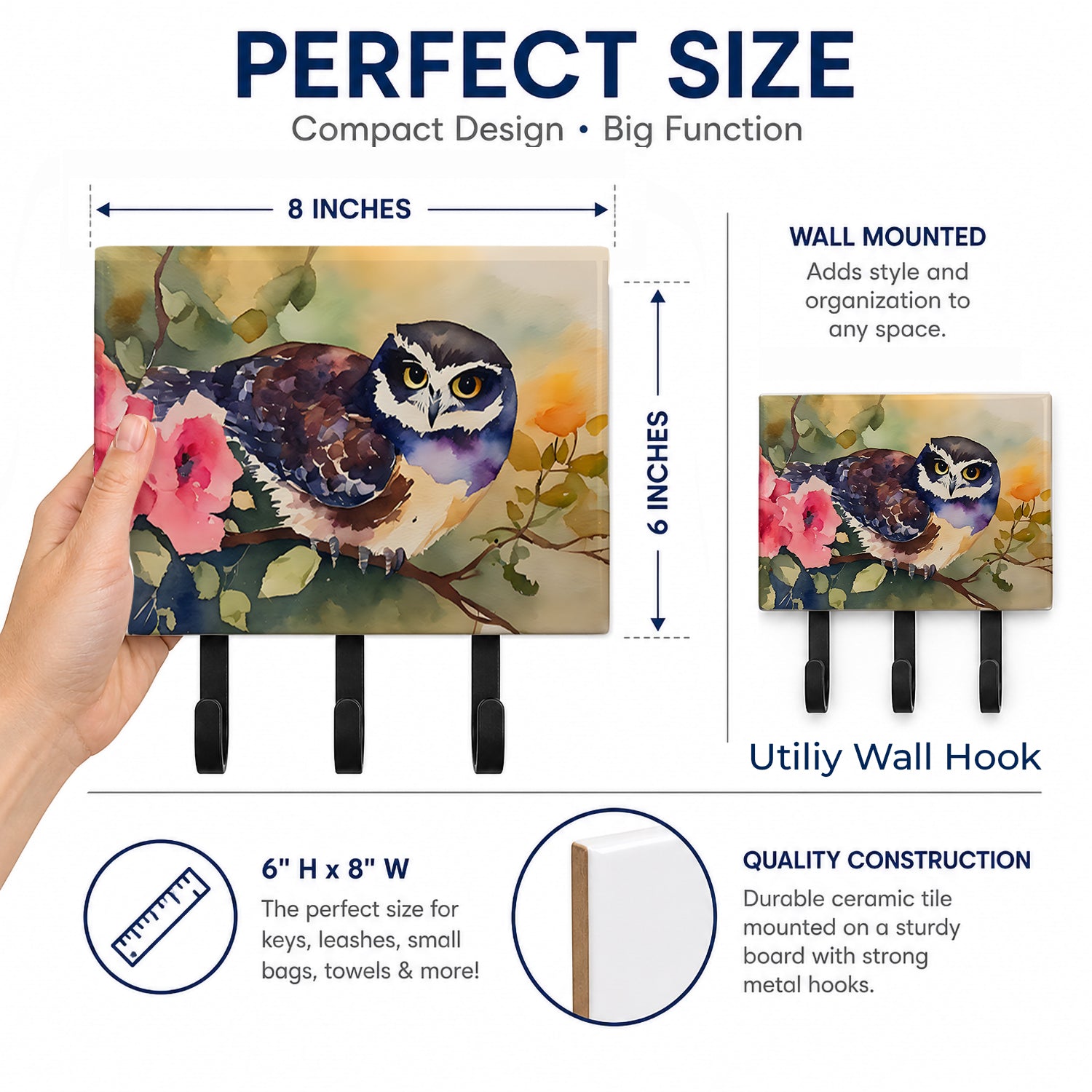 Spectacled Owl on Branch with Flowers Leash or Key Holder Wall Hooks, Coat Rack Wall Mount, for Hanging Keys, Towels, Aprons, Leashes