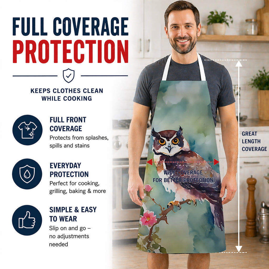 Spectacled Owl Perched with Pink Flowers Apron Cooking Kitchen Server Baking Crafts Gardening for Adult Women Men, Unisex, Large, Multicolor