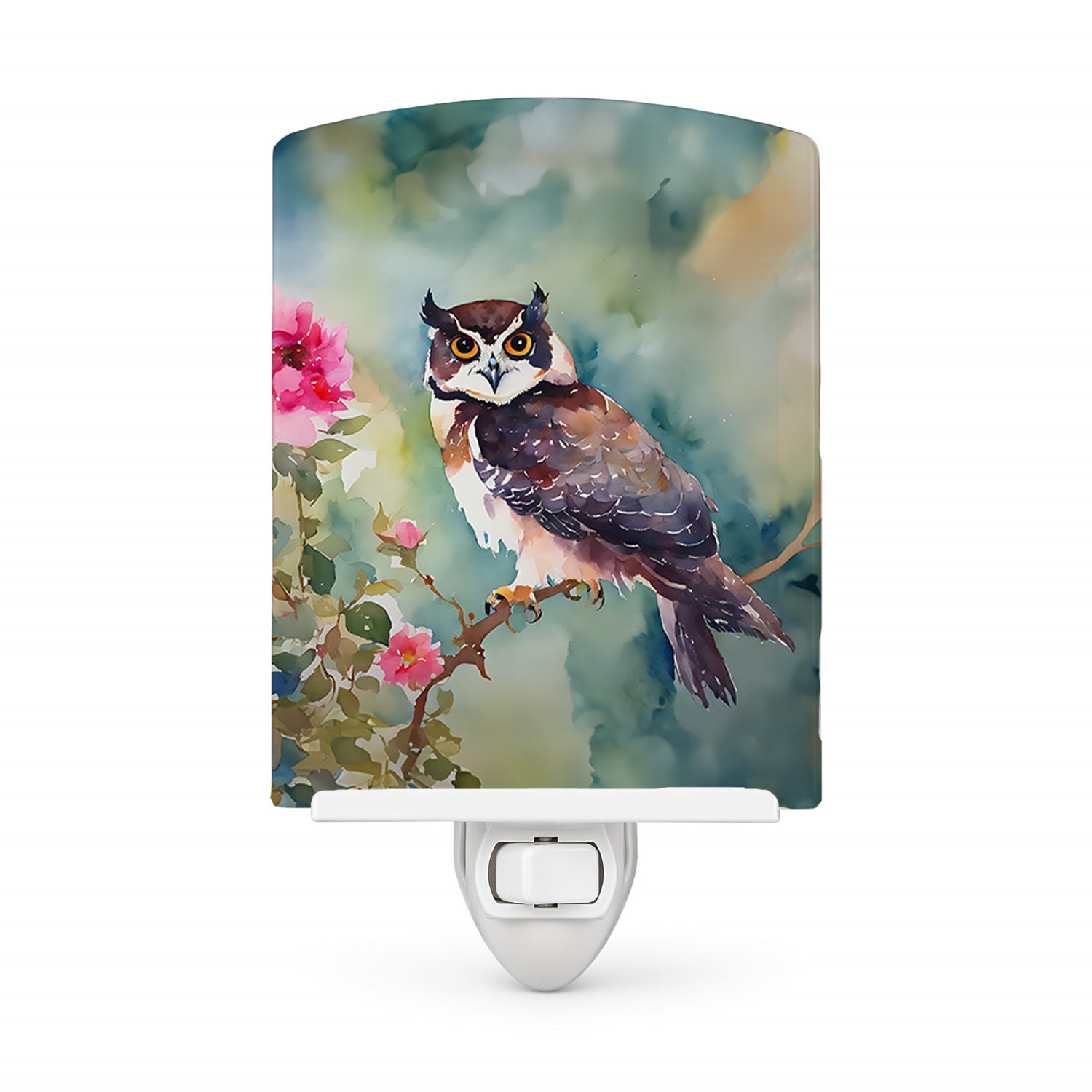 Spectacled Owl Perched with Pink Flowers Ceramic Night Light Compact, UL-Certified, Ideal for Bedroom, Bathroom, Nursery, Hallway, Kitchen, 6x4x3, Multicolor