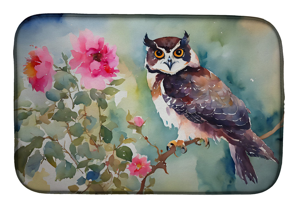 Spectacled Owl Perched with Pink Flowers Dish Drying Mat Absorbent Dish Drying Mat Pad for Kitchen Counter Dish Drainer Mat for Countertop, 14 x 21", Multicolor