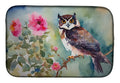 Spectacled Owl Perched with Pink Flowers Dish Drying Mat Absorbent Dish Drying Mat Pad for Kitchen Counter Dish Drainer Mat for Countertop, 14 x 21", Multicolor