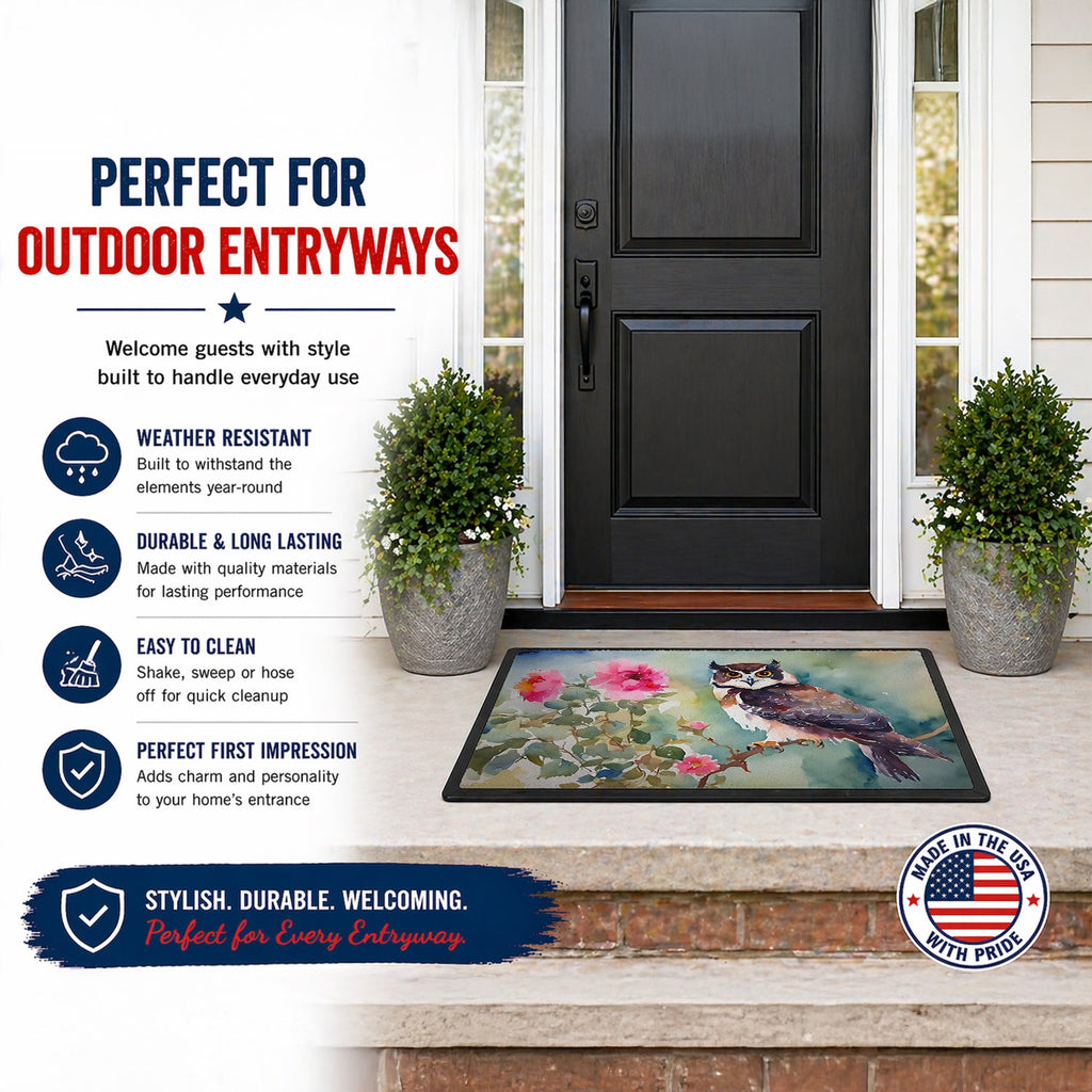 Spectacled Owl Perched with Pink Flowers Doormat Indoor Outdoor 24H X 36W Front Door Mat Rugs for Entryway, Non Slip Washable Low Pile,