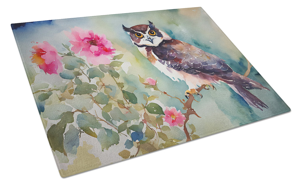 Spectacled Owl Perched with Pink Flowers Cutting Board Tempered Glass Kitchen Cutting Surface, Heat Resistant Chopping, Non-Slip Feet, Food Prep & Serving