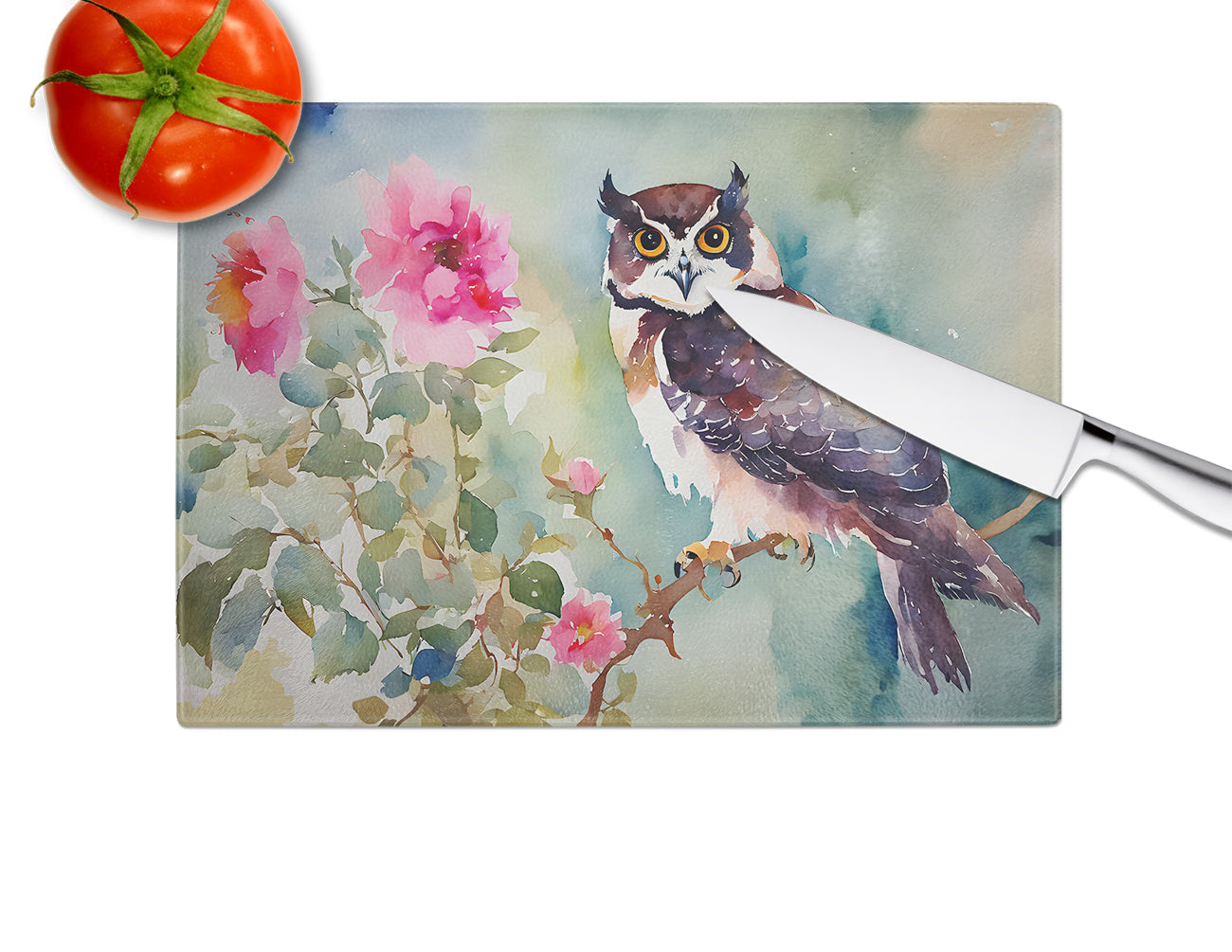 Spectacled Owl Perched with Pink Flowers Cutting Board Tempered Glass Kitchen Cutting Surface, Heat Resistant Chopping, Non-Slip Feet, Food Prep & Serving