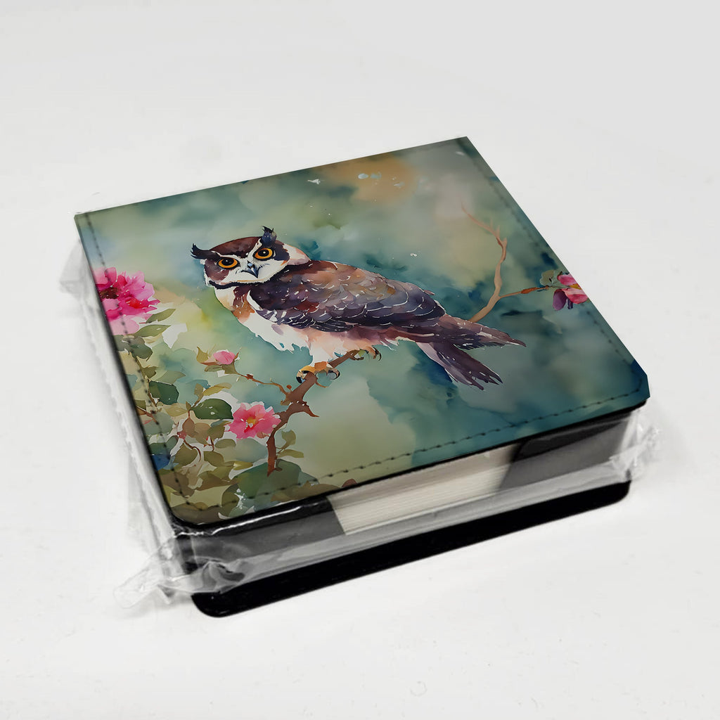 Spectacled Owl Perched with Pink Flowers PU Leather Note Paper Holder with Artist-Designed Cover, Desk Accessory, Office Gift