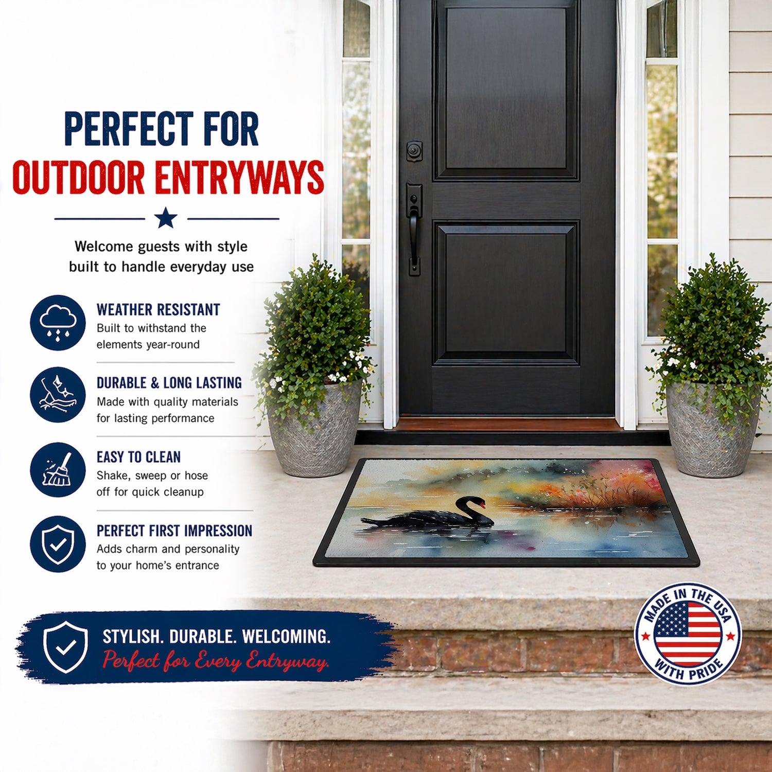 Black Swan Swimming Calm Water Doormat Indoor Outdoor 24H X 36W Front Door Mat Rugs for Entryway, Non Slip Washable Low Pile,