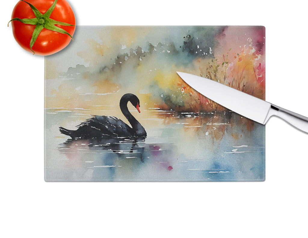 Black Swan Swimming Calm Water Cutting Board Tempered Glass Kitchen Cutting Surface, Heat Resistant Chopping, Non-Slip Feet, Food Prep & Serving