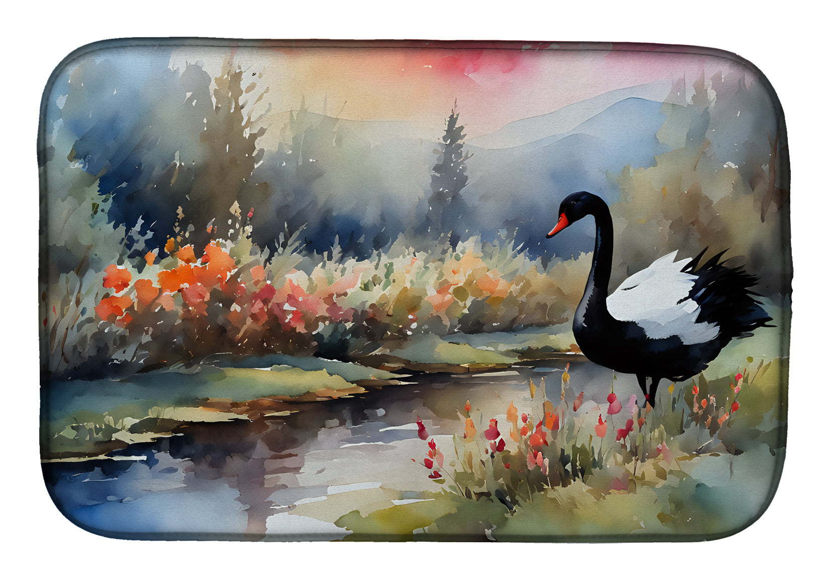 Black Swan Lake Scene Landscape Dish Drying Mat Absorbent Dish Drying Mat Pad for Kitchen Counter Dish Drainer Mat for Countertop, 14 x 21", Multicolor