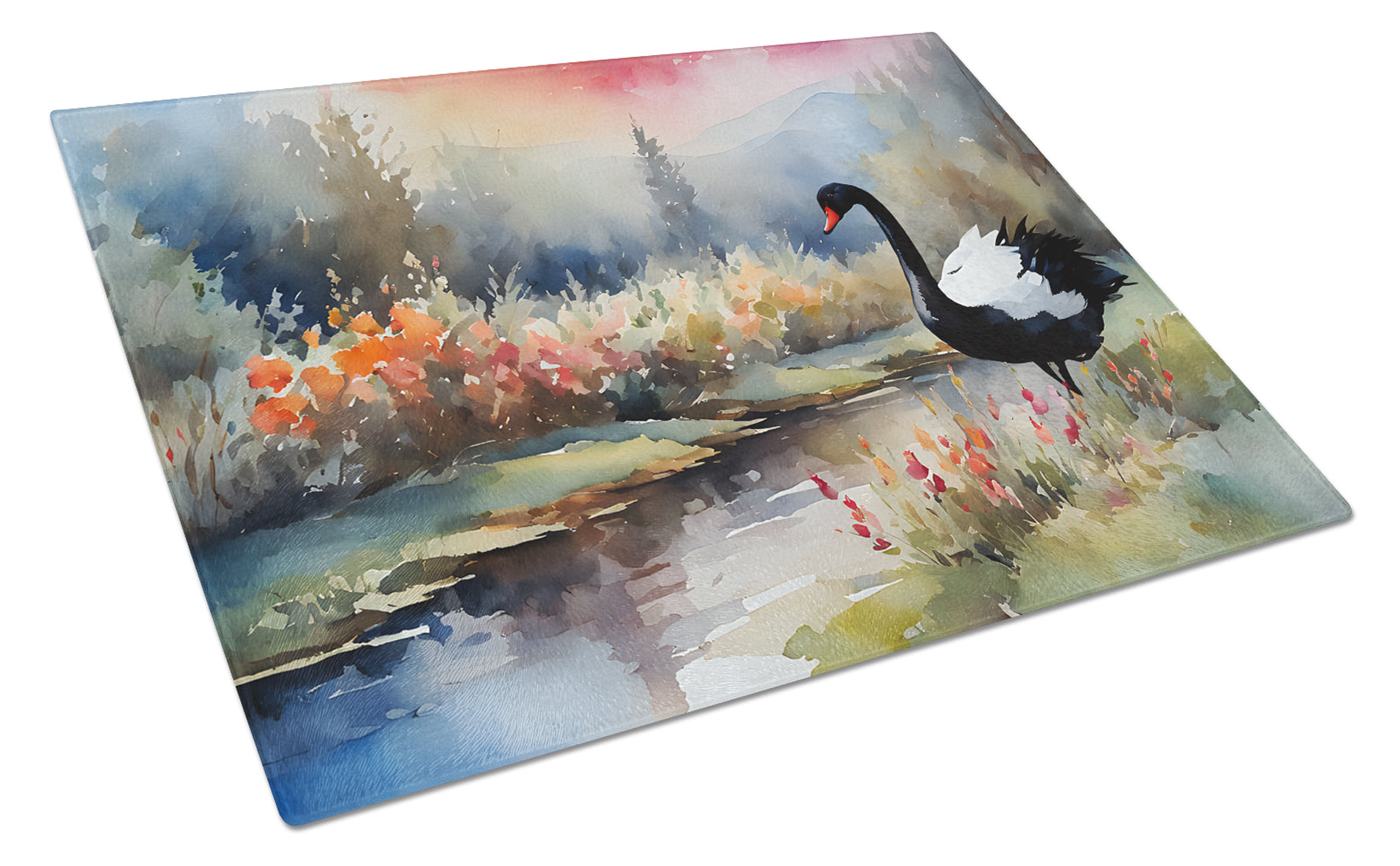 Black Swan Lake Scene Landscape Cutting Board Tempered Glass Kitchen Cutting Surface, Heat Resistant Chopping, Non-Slip Feet, Food Prep & Serving