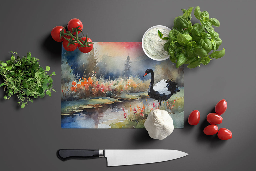 Black Swan Lake Scene Landscape Cutting Board Tempered Glass Kitchen Cutting Surface, Heat Resistant Chopping, Non-Slip Feet, Food Prep & Serving