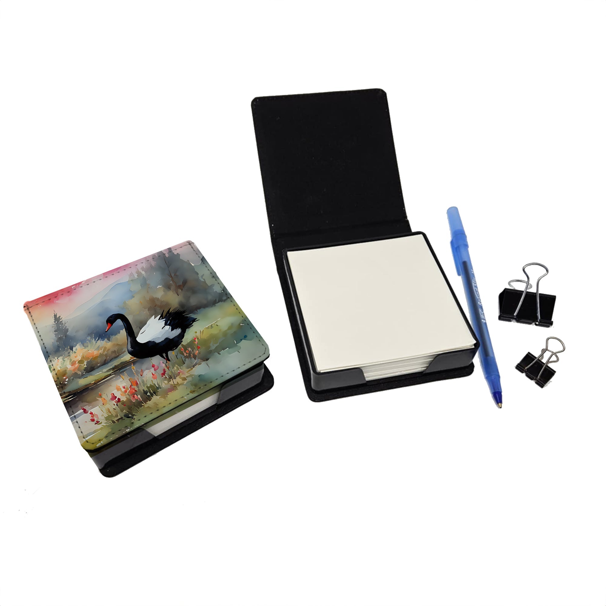 Black Swan Lake Scene Landscape PU Leather Note Paper Holder with Artist-Designed Cover, Desk Accessory, Office Gift