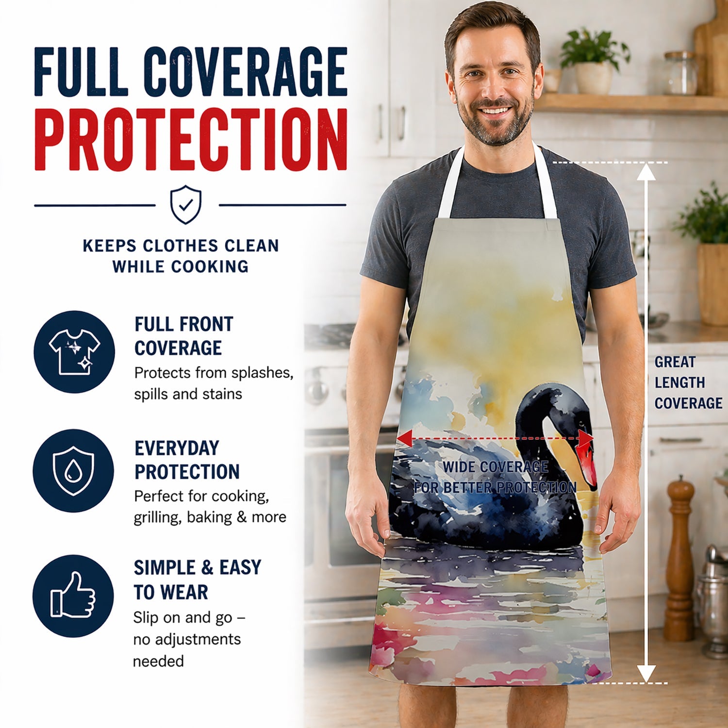 Black Swan with Flowers Elegant Watercolor Apron Cooking Kitchen Server Baking Crafts Gardening for Adult Women Men, Unisex, Large, Multicolor