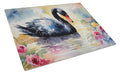 Black Swan with Flowers Elegant Watercolor Cutting Board Tempered Glass Kitchen Cutting Surface, Heat Resistant Chopping, Non-Slip Feet, Food Prep & Serving