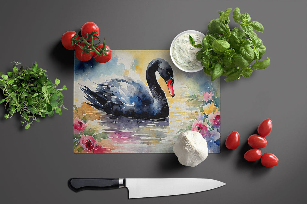 Black Swan with Flowers Elegant Watercolor Cutting Board Tempered Glass Kitchen Cutting Surface, Heat Resistant Chopping, Non-Slip Feet, Food Prep & Serving