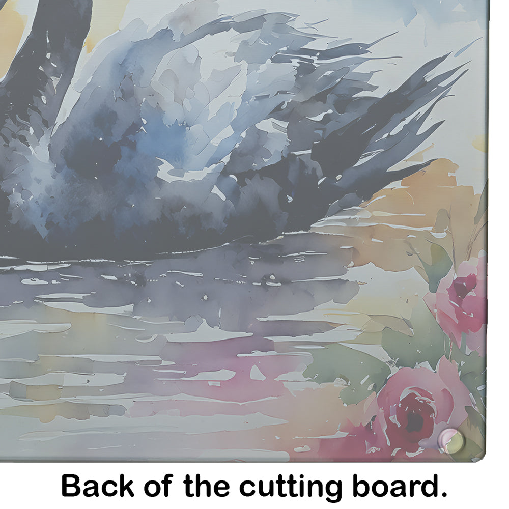 Black Swan with Flowers Elegant Watercolor Cutting Board Tempered Glass Kitchen Cutting Surface, Heat Resistant Chopping, Non-Slip Feet, Food Prep & Serving