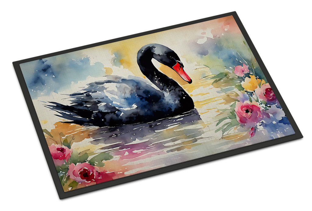 Black Swan with Flowers Elegant Watercolor Doormat Indoor Outdoor 18H X 27W Front Door Mat Rugs for Entryway, Non Slip Washable