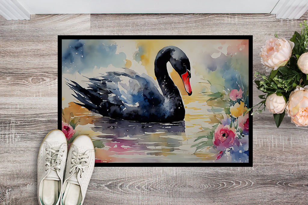 Black Swan with Flowers Elegant Watercolor Doormat Indoor Outdoor 18H X 27W Front Door Mat Rugs for Entryway, Non Slip Washable