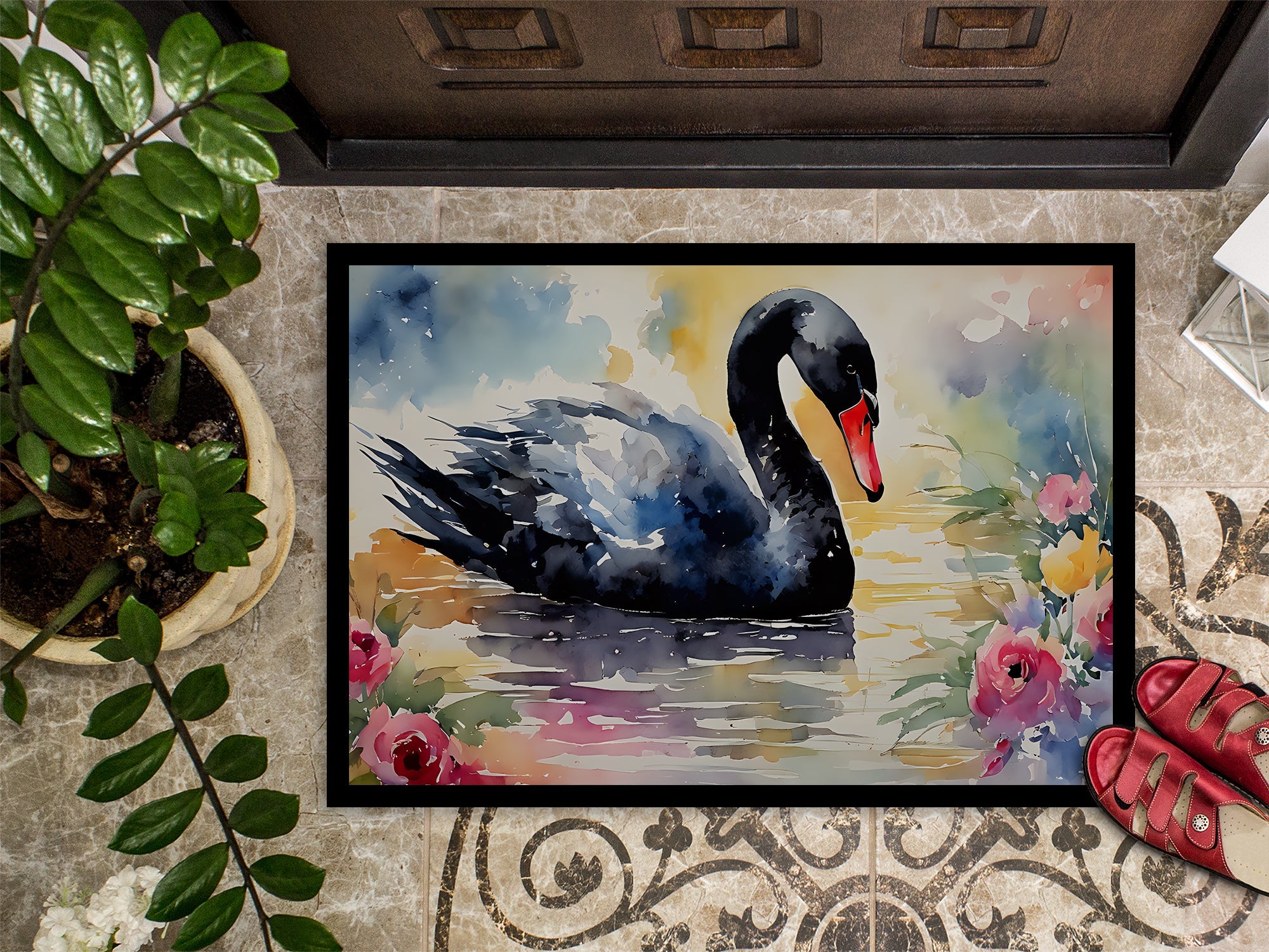 Black Swan with Flowers Elegant Watercolor Doormat Indoor Outdoor 18H X 27W Front Door Mat Rugs for Entryway, Non Slip Washable