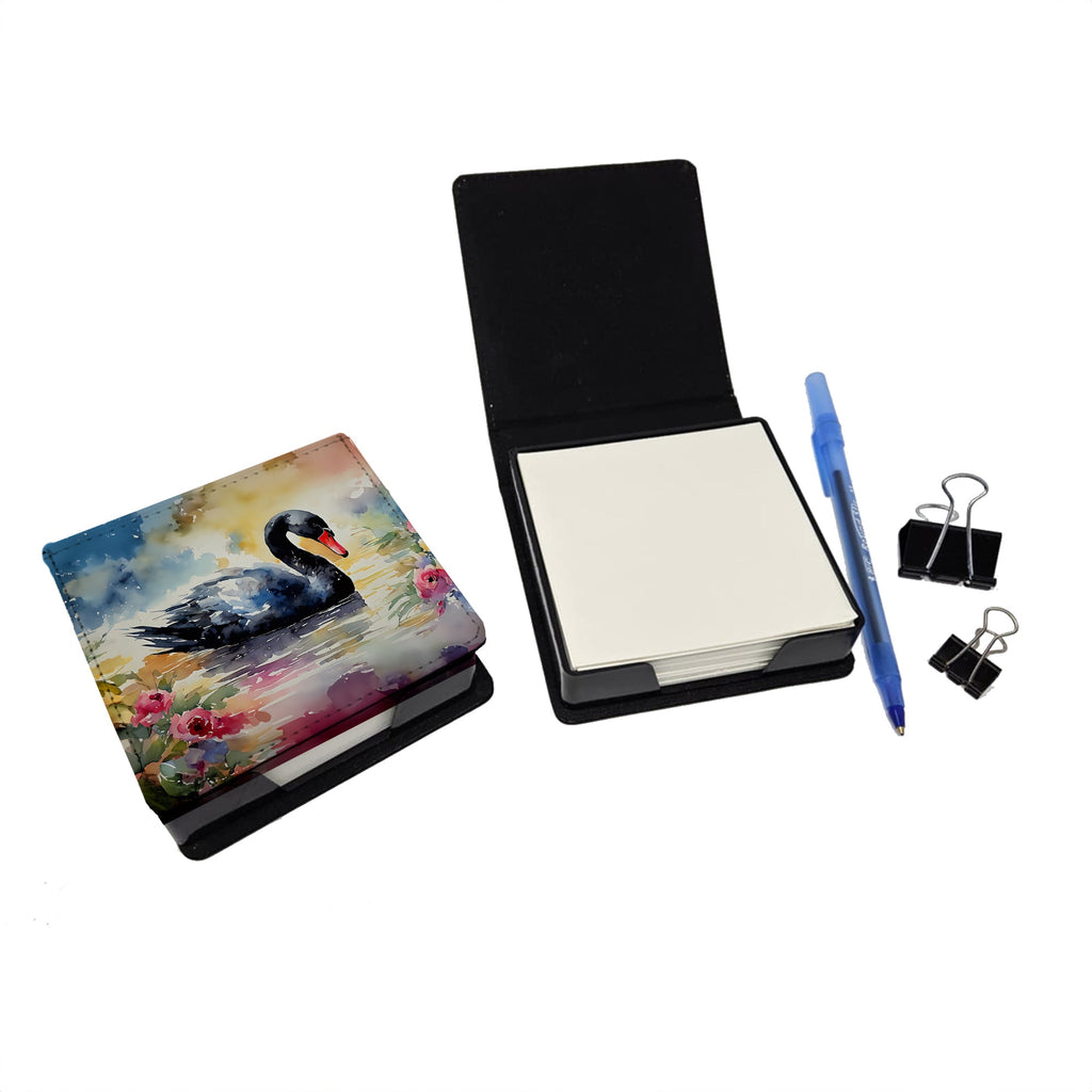 Black Swan with Flowers Elegant Watercolor PU Leather Note Paper Holder with Artist-Designed Cover, Desk Accessory, Office Gift