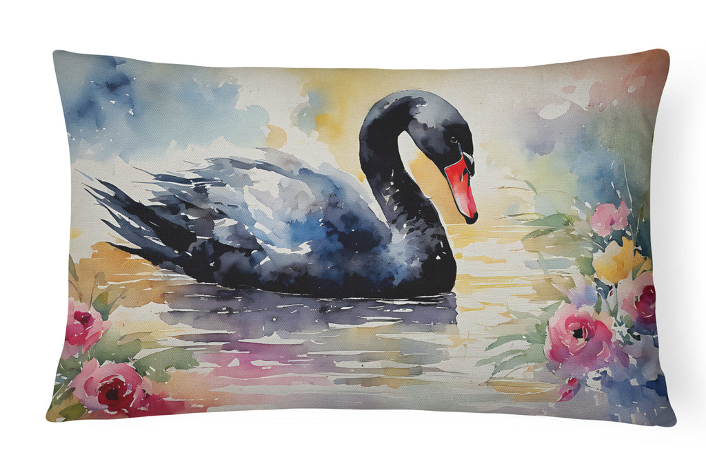 Black Swan with Flowers Elegant Watercolor Decorative Throw Pillow 12x16 Indoor Outdoor Accent Cushion, Fabric Cover with Insert for Sofa, Bed, Porch & Living Room