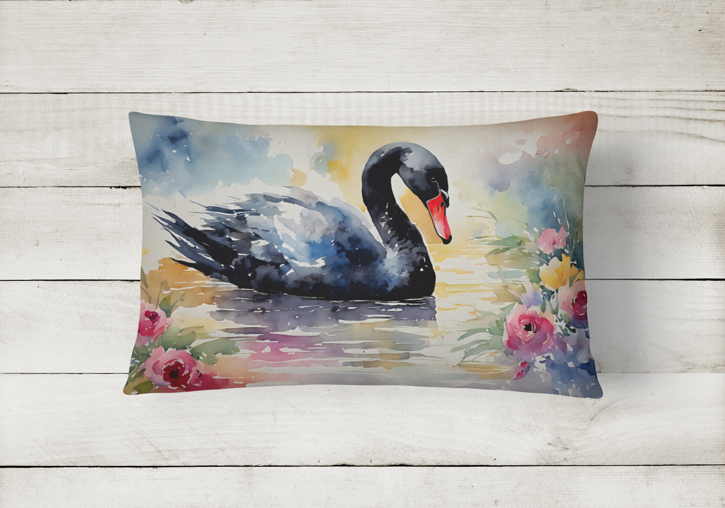 Black Swan with Flowers Elegant Watercolor Decorative Throw Pillow 12x16 Indoor Outdoor Accent Cushion, Fabric Cover with Insert for Sofa, Bed, Porch & Living Room