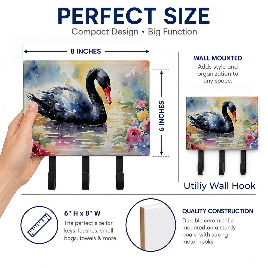 Black Swan with Flowers Elegant Watercolor Leash or Key Holder Wall Hooks, Coat Rack Wall Mount, for Hanging Keys, Towels, Aprons, Leashes