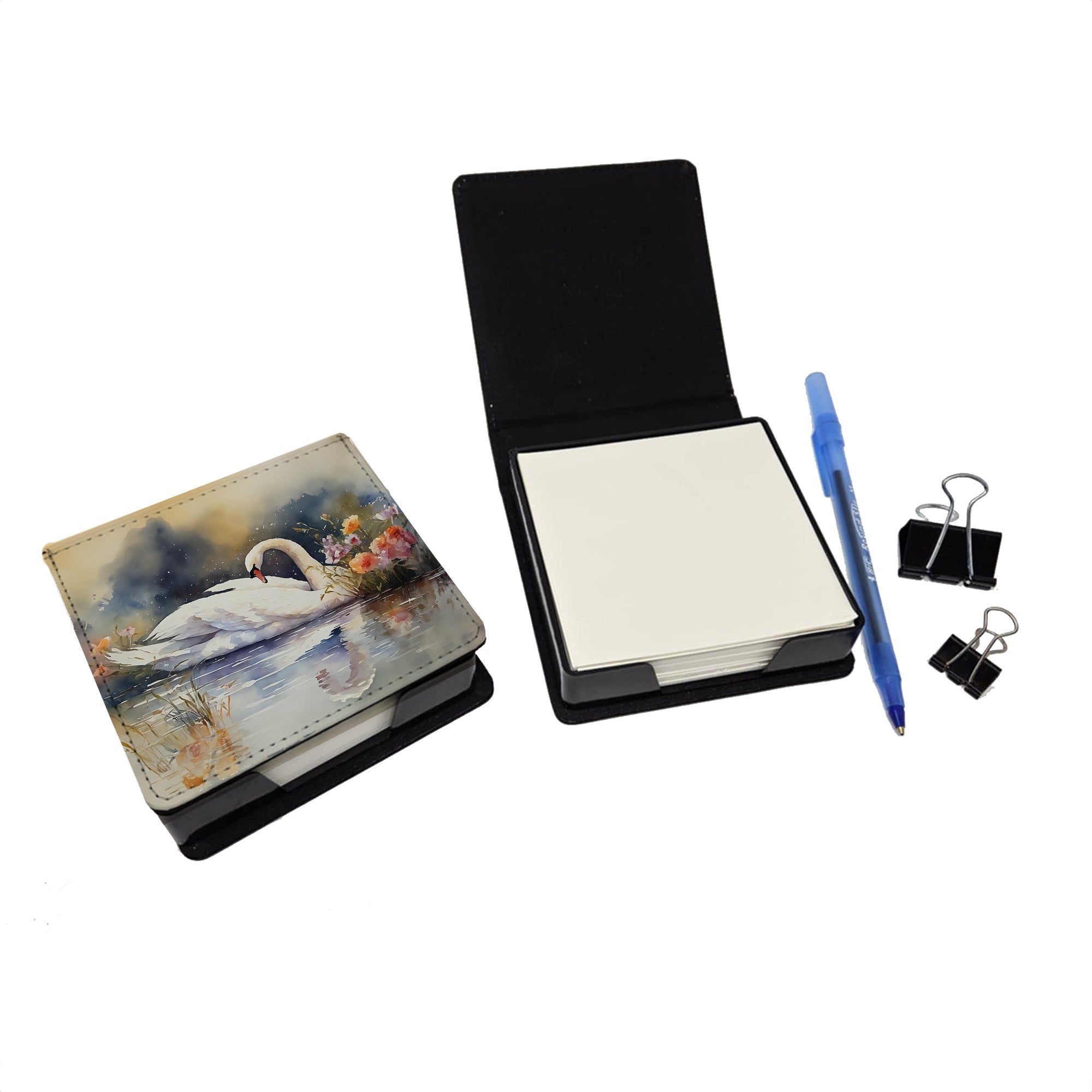 White Swan Swimming Peaceful Watercolor PU Leather Note Paper Holder with Artist-Designed Cover, Desk Accessory, Office Gift