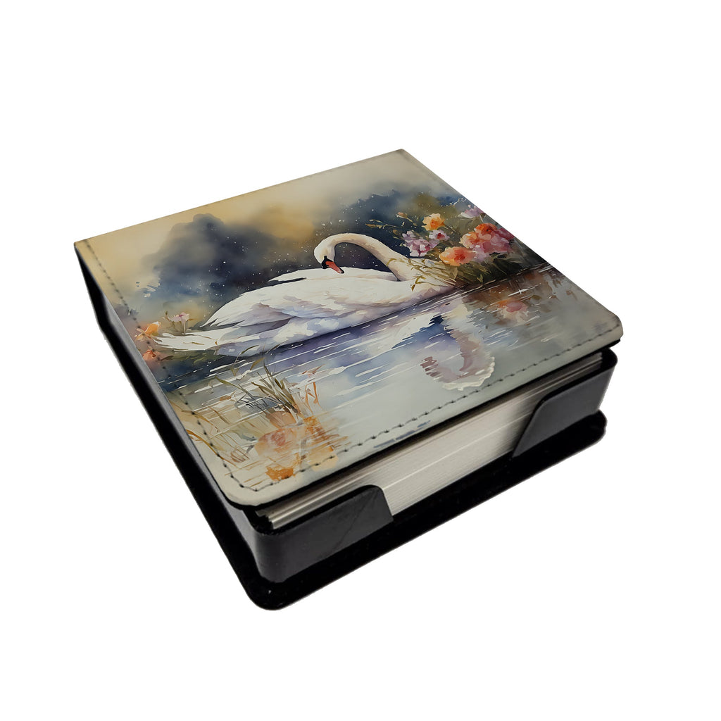 White Swan Swimming Peaceful Watercolor PU Leather Note Paper Holder with Artist-Designed Cover, Desk Accessory, Office Gift