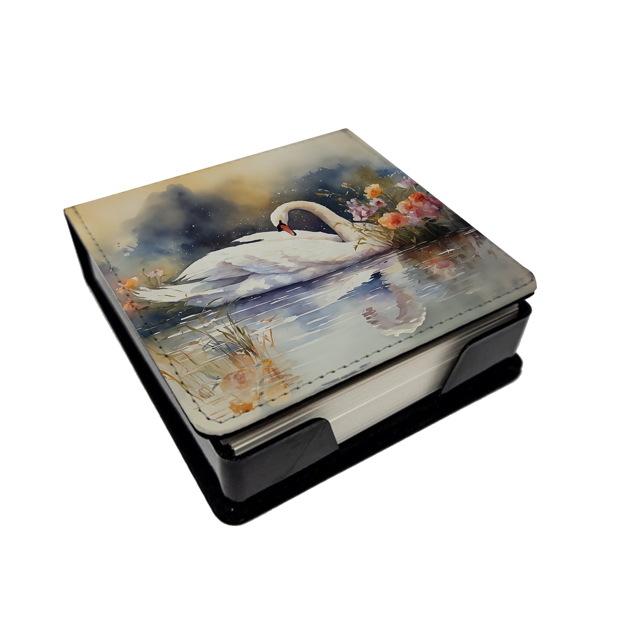 White Swan Swimming Peaceful Watercolor PU Leather Note Paper Holder with Artist-Designed Cover, Desk Accessory, Office Gift