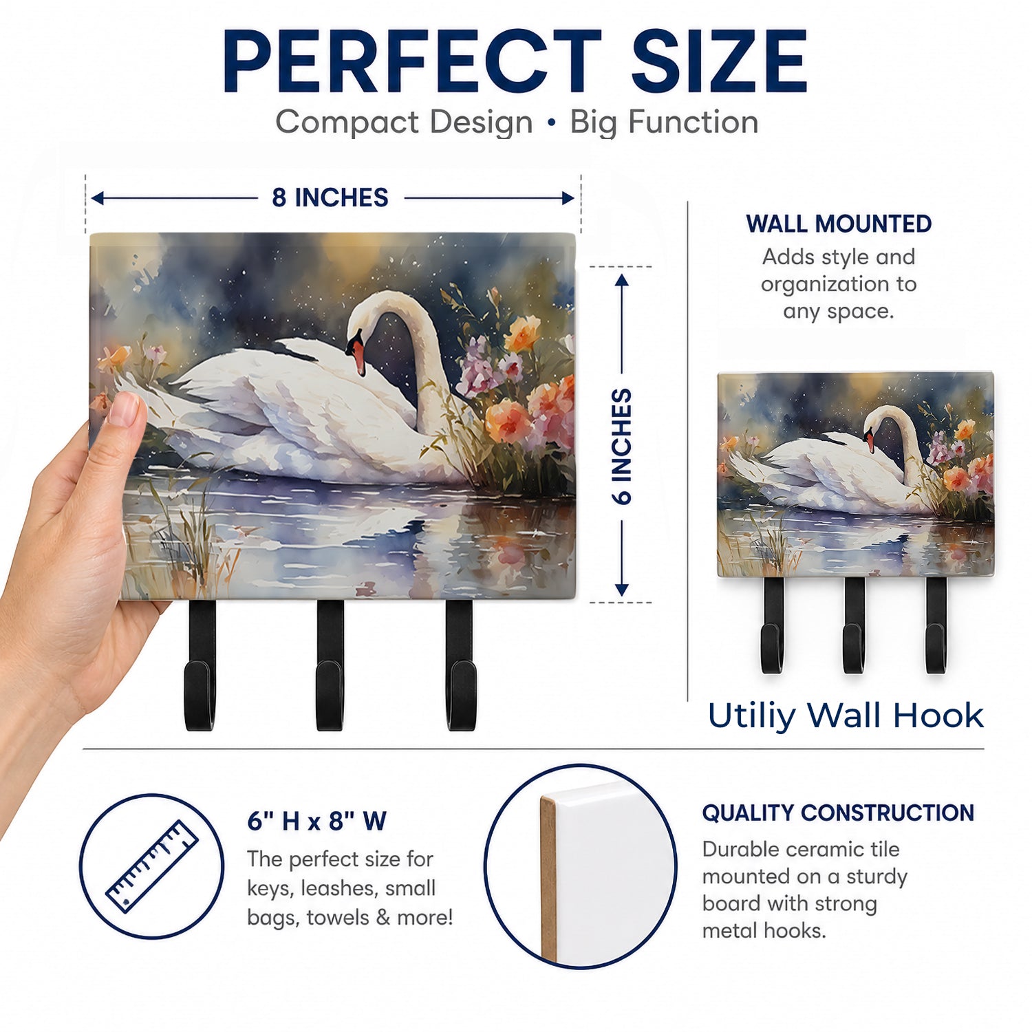 White Swan Swimming Peaceful Watercolor Leash or Key Holder Wall Hooks, Coat Rack Wall Mount, for Hanging Keys, Towels, Aprons, Leashes