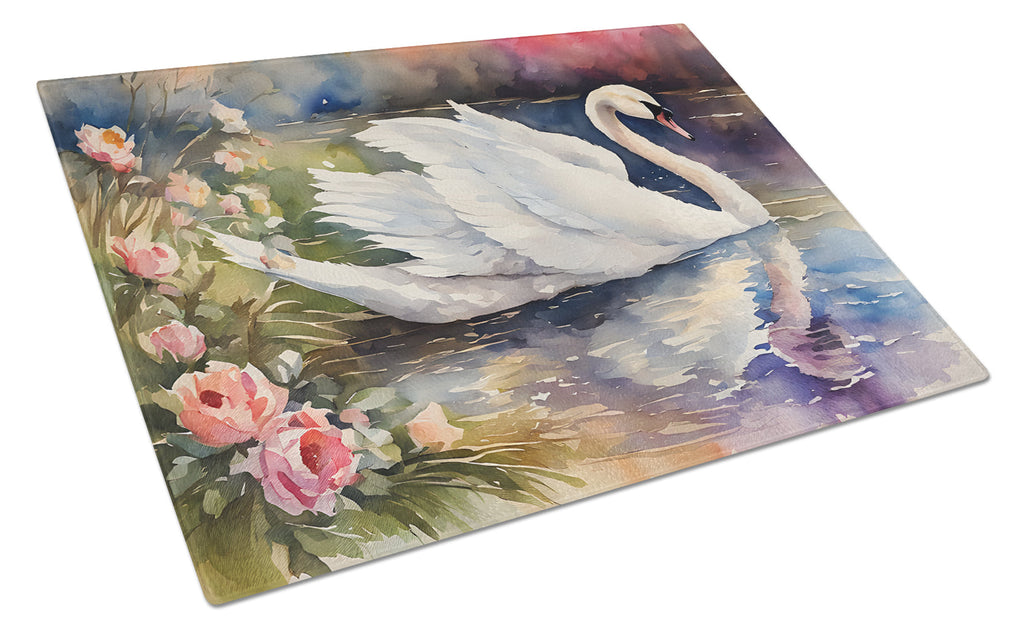 White Swan with Flowers Peaceful Watercolor Cutting Board Tempered Glass Kitchen Cutting Surface, Heat Resistant Chopping, Non-Slip Feet, Food Prep & Serving