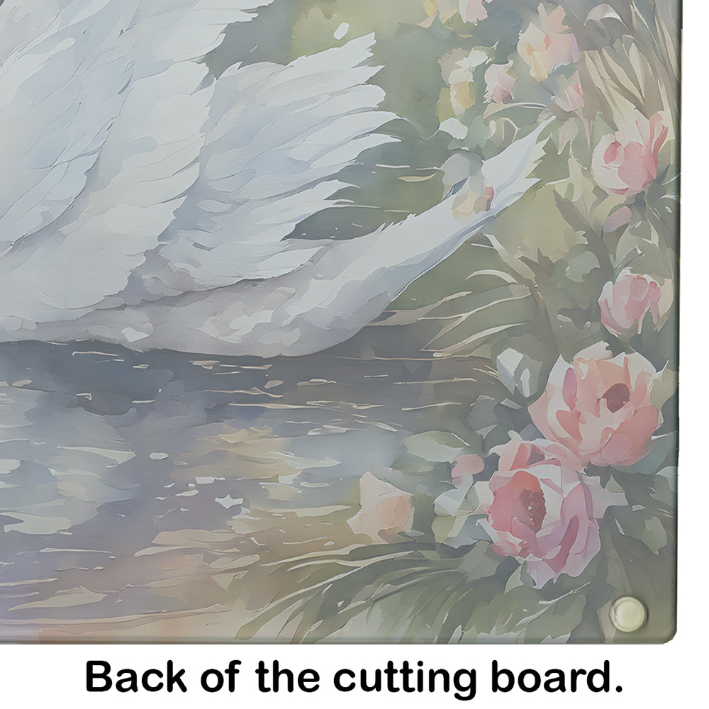 White Swan with Flowers Peaceful Watercolor Cutting Board Tempered Glass Kitchen Cutting Surface, Heat Resistant Chopping, Non-Slip Feet, Food Prep & Serving