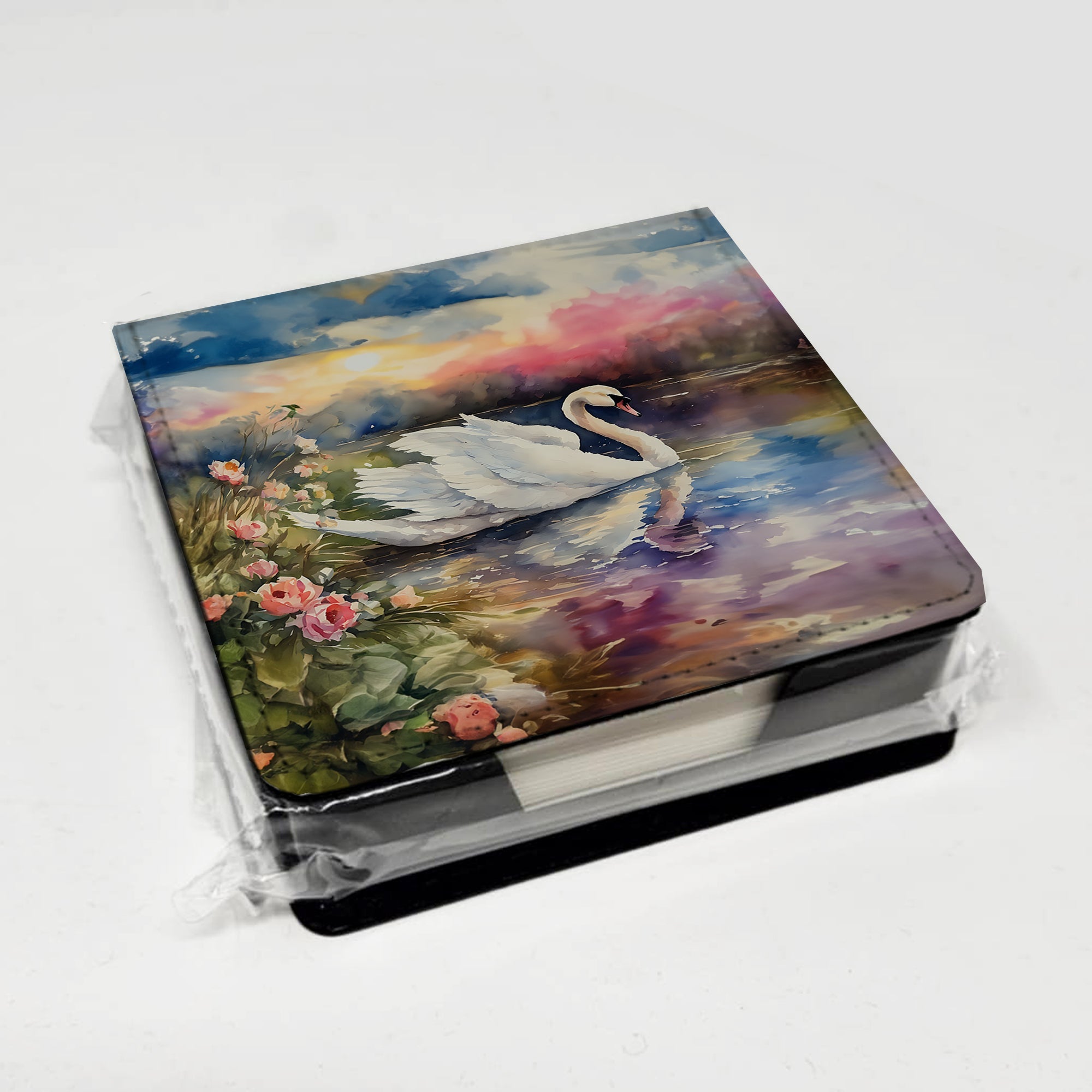 White Swan with Flowers Peaceful Watercolor PU Leather Note Paper Holder with Artist-Designed Cover, Desk Accessory, Office Gift